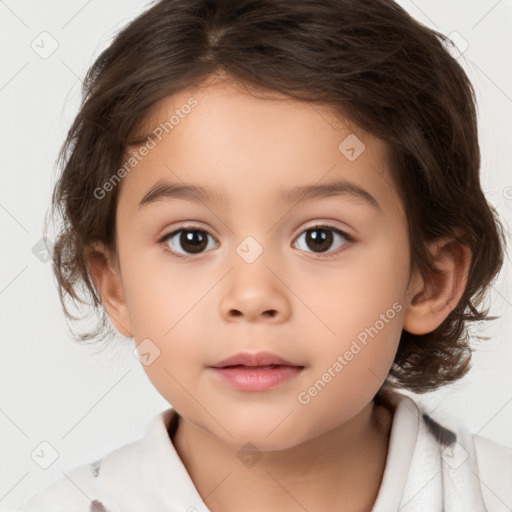 Joyful white child female with medium  brown hair and brown eyes