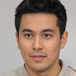 Neutral asian young-adult male with short  black hair and brown eyes