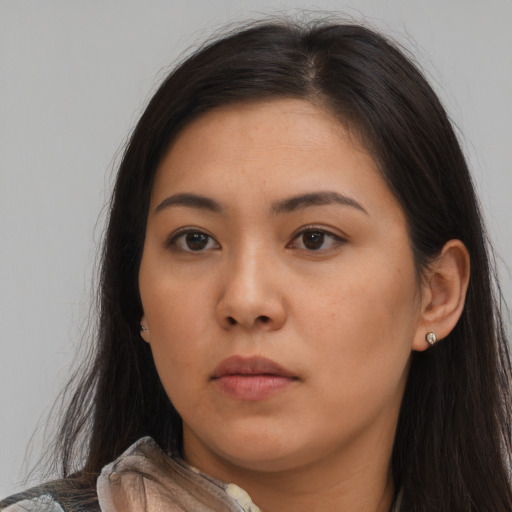 Neutral asian young-adult female with long  brown hair and brown eyes