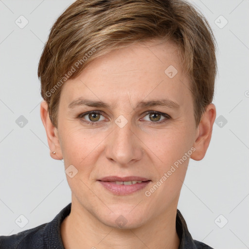 Joyful white young-adult female with short  brown hair and grey eyes