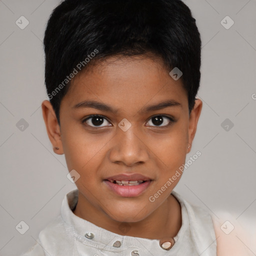 Joyful latino child female with short  brown hair and brown eyes