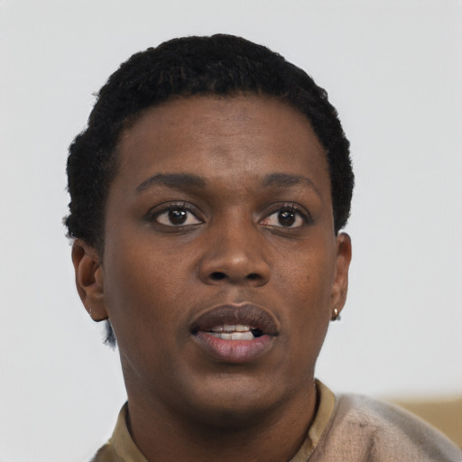 Neutral black young-adult female with short  black hair and brown eyes