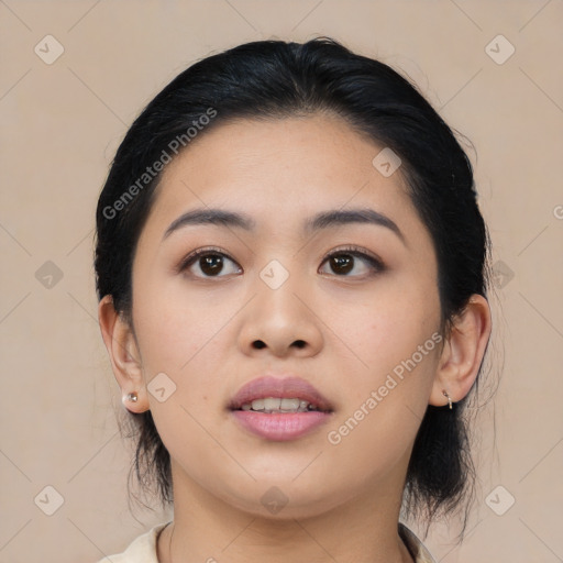 Neutral asian young-adult female with medium  black hair and brown eyes