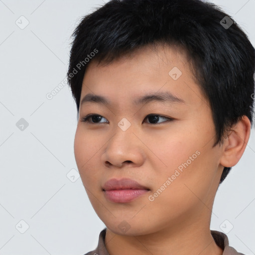 Neutral asian young-adult male with short  black hair and brown eyes