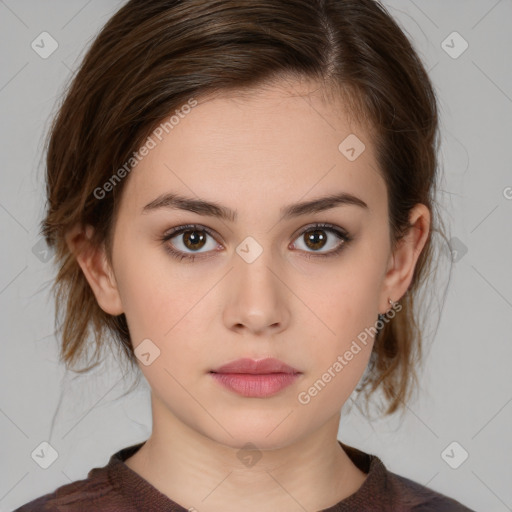 Neutral white young-adult female with medium  brown hair and brown eyes