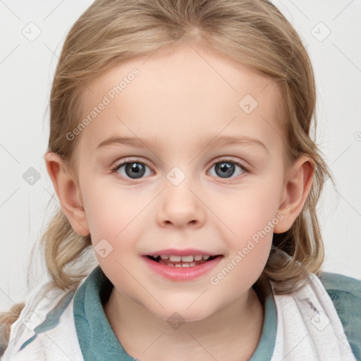 Joyful white child female with medium  brown hair and blue eyes