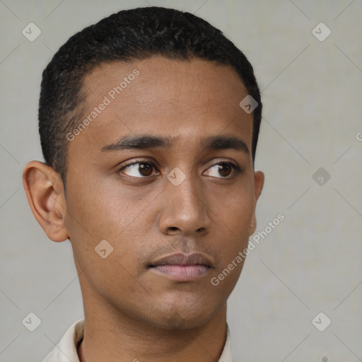 Neutral white young-adult male with short  black hair and brown eyes