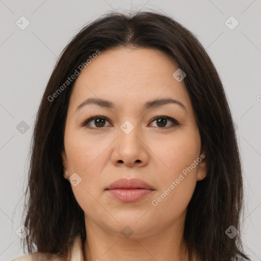 Neutral asian young-adult female with medium  brown hair and brown eyes