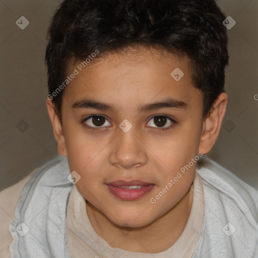 Joyful white child female with short  brown hair and brown eyes