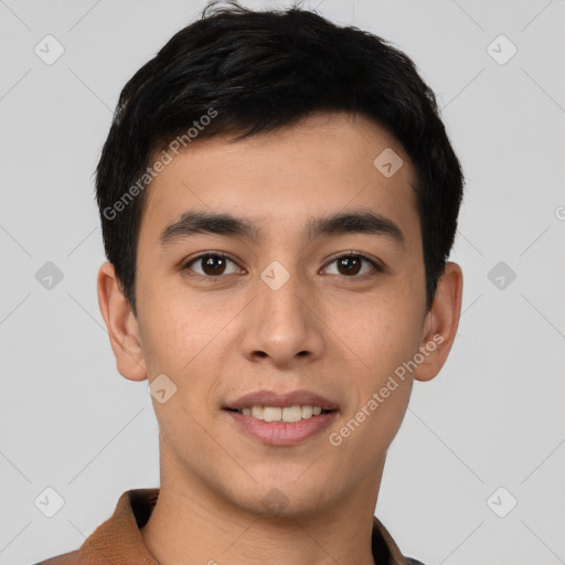 Joyful white young-adult male with short  black hair and brown eyes