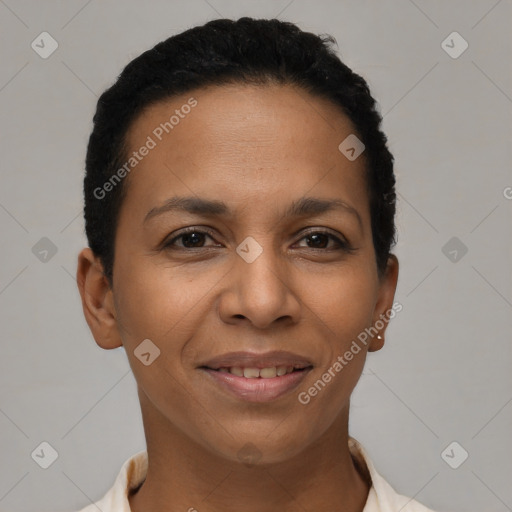 Joyful latino young-adult female with short  brown hair and brown eyes