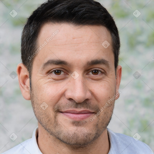 Joyful white adult male with short  brown hair and brown eyes