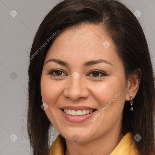 Joyful white young-adult female with long  brown hair and brown eyes