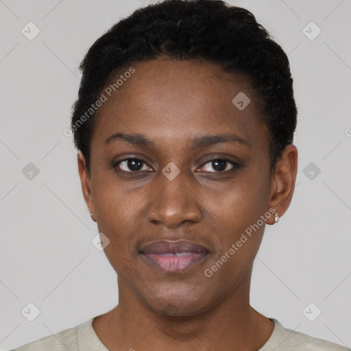 Neutral black young-adult female with short  black hair and brown eyes