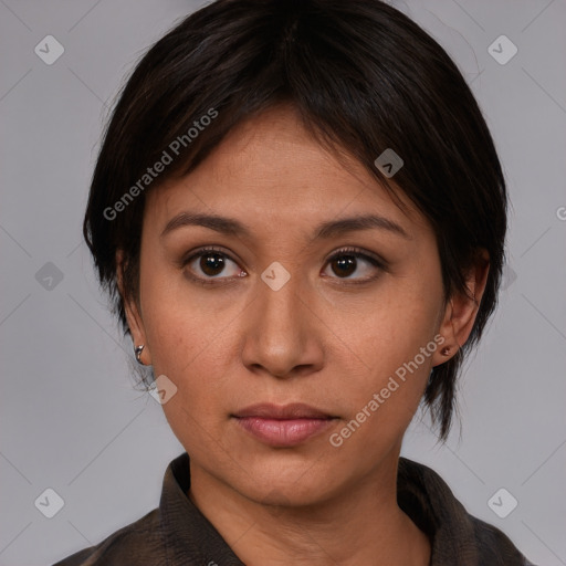 Neutral asian young-adult female with medium  brown hair and brown eyes