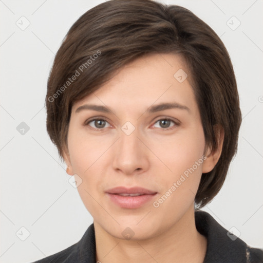 Neutral white young-adult female with medium  brown hair and brown eyes