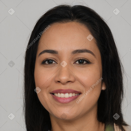 Joyful latino young-adult female with long  brown hair and brown eyes