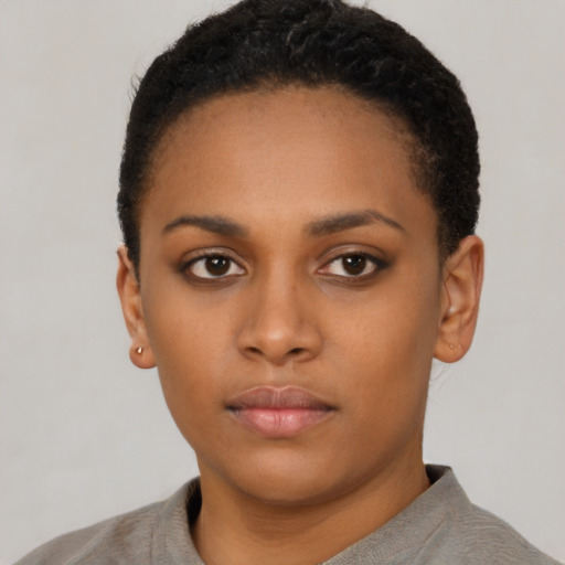 Neutral black young-adult female with short  brown hair and brown eyes