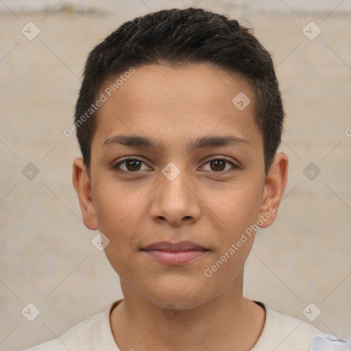 Joyful latino young-adult male with short  brown hair and brown eyes