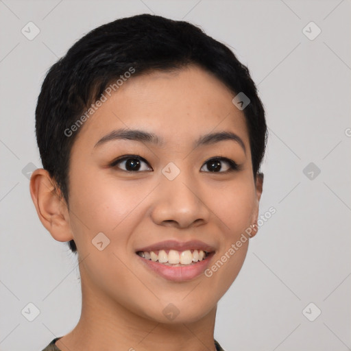 Joyful asian young-adult female with short  black hair and brown eyes