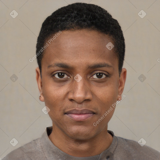 Neutral black young-adult male with short  black hair and brown eyes