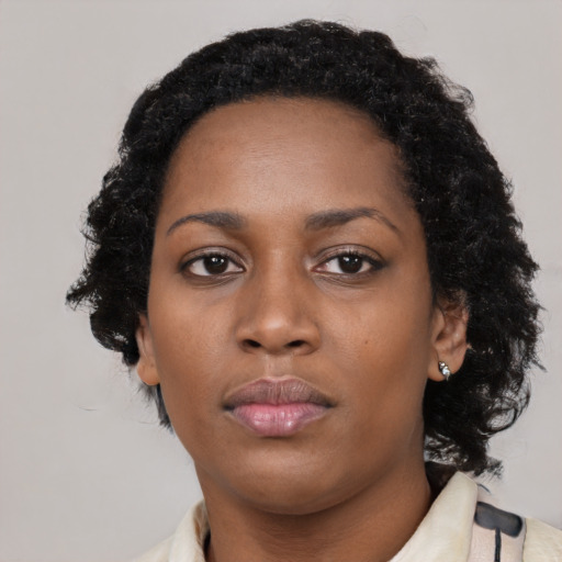 Neutral black young-adult female with medium  black hair and brown eyes