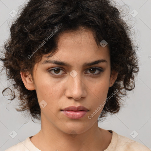 Neutral white young-adult female with medium  brown hair and brown eyes