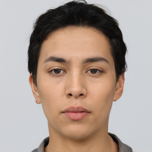 Neutral asian young-adult male with short  black hair and brown eyes