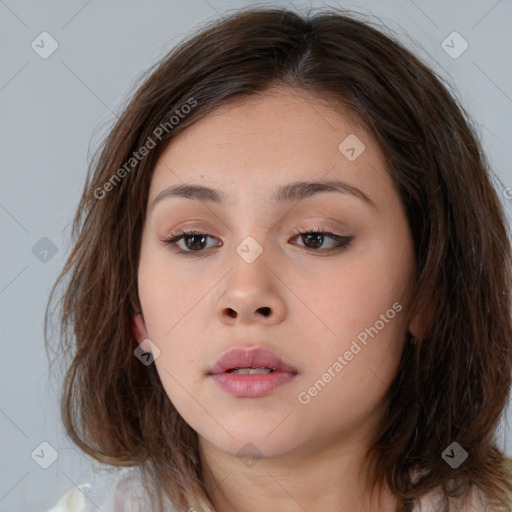 Neutral white young-adult female with medium  brown hair and brown eyes