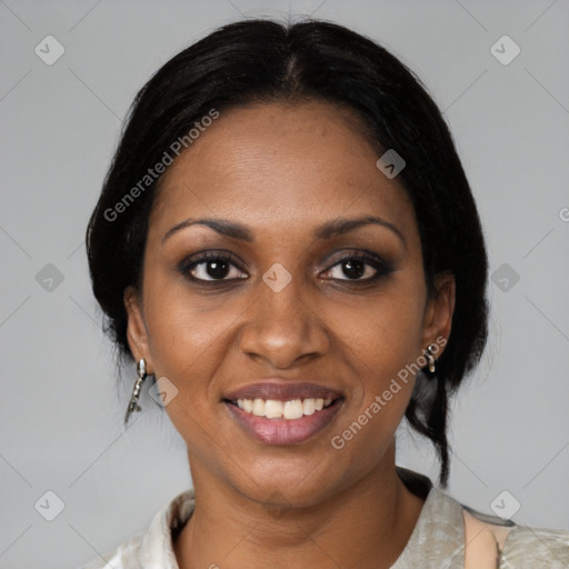Joyful black young-adult female with medium  black hair and brown eyes