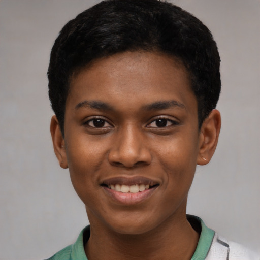 Joyful latino young-adult female with short  black hair and brown eyes