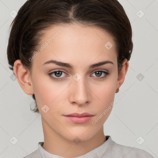 Neutral white young-adult female with medium  brown hair and brown eyes