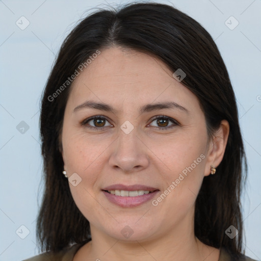 Joyful white young-adult female with medium  brown hair and brown eyes