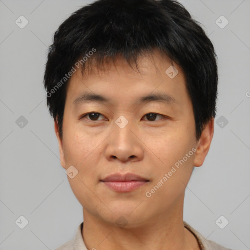 Neutral asian young-adult male with short  brown hair and brown eyes