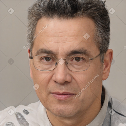 Joyful white middle-aged male with short  brown hair and brown eyes