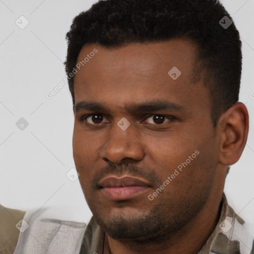 Neutral black young-adult male with short  black hair and brown eyes
