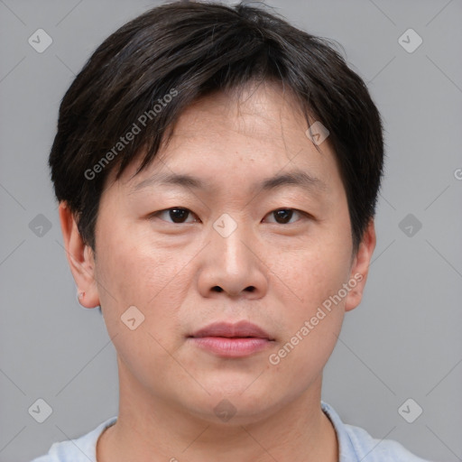 Neutral asian adult male with short  brown hair and brown eyes