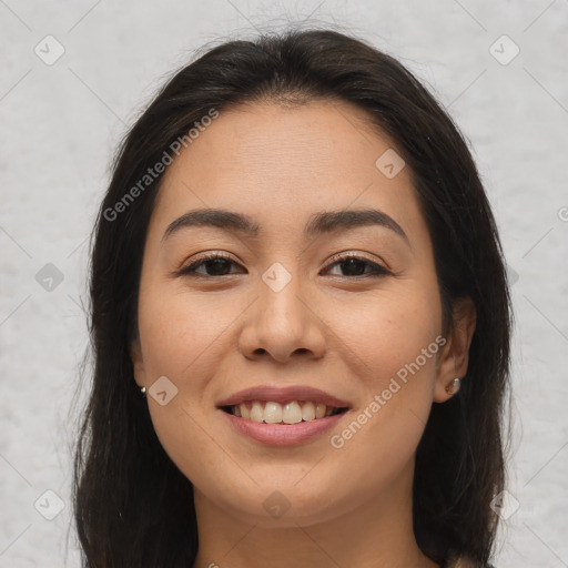 Joyful asian young-adult female with medium  brown hair and brown eyes