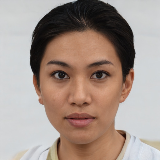 Neutral latino young-adult female with short  brown hair and brown eyes