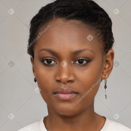 Neutral black young-adult female with short  brown hair and brown eyes