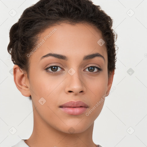 Neutral white young-adult female with short  brown hair and brown eyes