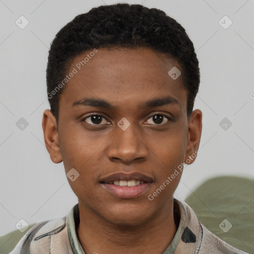 Joyful black young-adult male with short  black hair and brown eyes