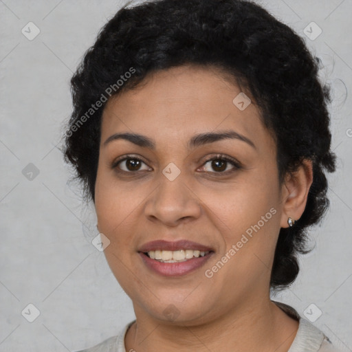 Joyful latino young-adult female with short  brown hair and brown eyes