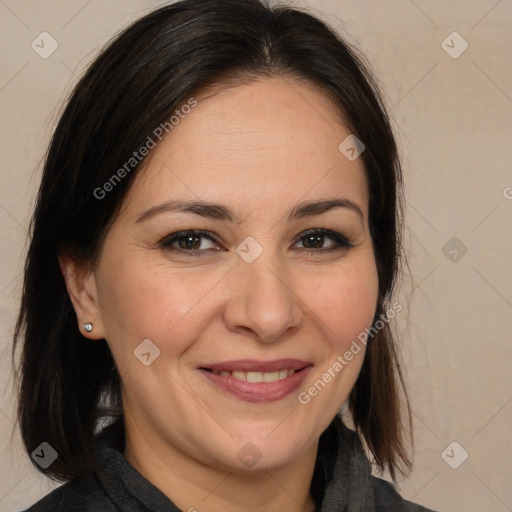 Joyful white adult female with medium  brown hair and brown eyes