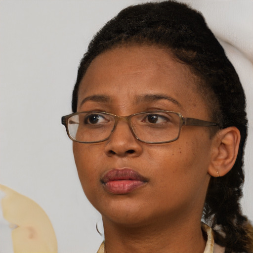 Neutral black adult female with short  brown hair and brown eyes