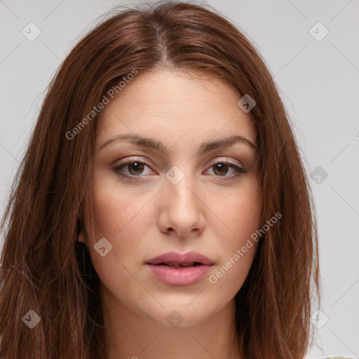 Neutral white young-adult female with long  brown hair and brown eyes