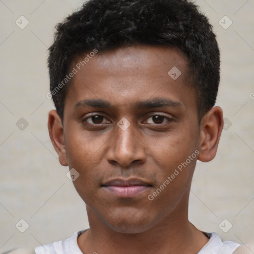 Neutral latino young-adult male with short  brown hair and brown eyes