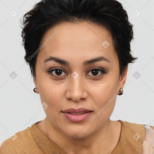 Joyful latino young-adult female with short  brown hair and brown eyes