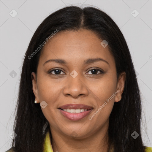 Joyful latino young-adult female with long  brown hair and brown eyes