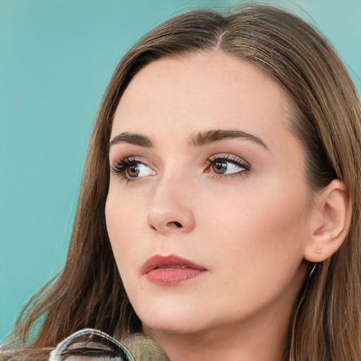 Neutral white young-adult female with long  brown hair and green eyes